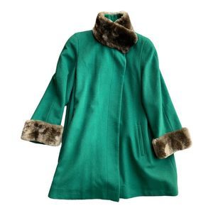 Perry Ellis Emerald Green Wool Peacoat With Faux Fur Trimings sz 4